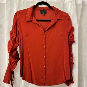 LUMIERE Burnt Orange Lace-Up Bell Sleeve Button Down